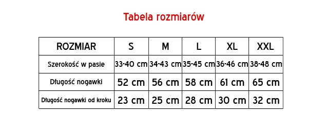 Tabela rozmiarów spodenki bawełniane Aquila